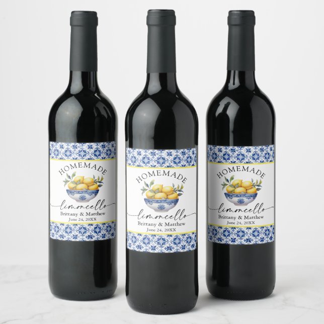 Limoncello Calligraphy Watercolor Lemon Blue Tiles Wine Label (Bottles)
