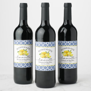 Limoncello Calligraphy Watercolor Lemons Blue Tile Wine Label