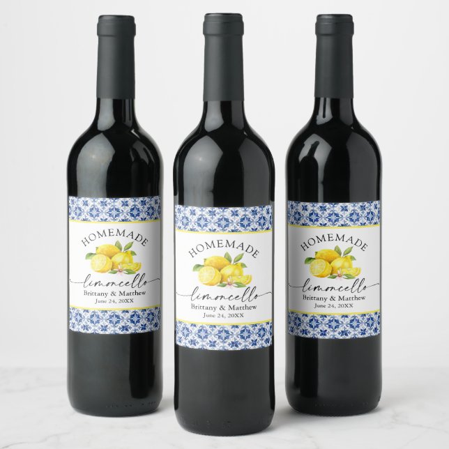 Limoncello Calligraphy Watercolor Lemons Blue Tile Wine Label (Bottles)