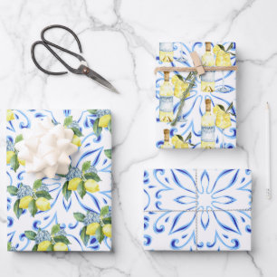 Limoncello Italian Blue Tiles Lemons Cocktail  Wrapping Paper Sheet