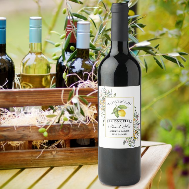 Limoncello Watercolor Wildflowers Bottle Label (Customize to change text size, color or text style.)