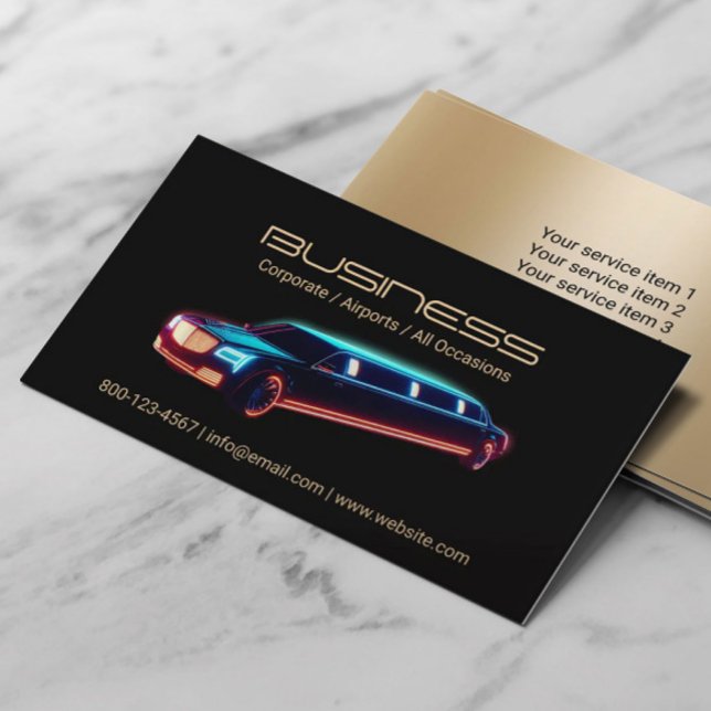 Limousine & Taxi Car for Hire Modern Black & Gold Business Card (Creator Uploaded)