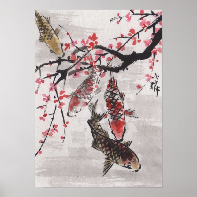 Lin Li's Art Chinese Watercolor KOI Plum Blossoms Poster (Front)