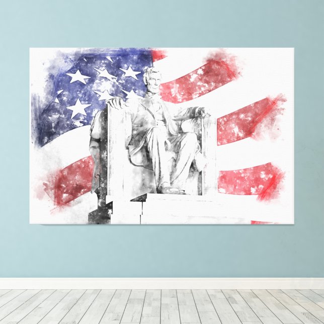 Lincoln Memorial watercolor American flag waving Canvas Print (Insitu(Wood Floor))