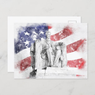 Lincoln Memorial watercolor American flag waving Postcard