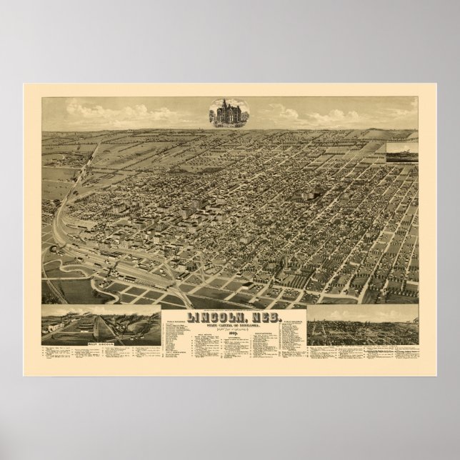 Lincoln, NE Panoramic Map - 1889 Poster (Front)