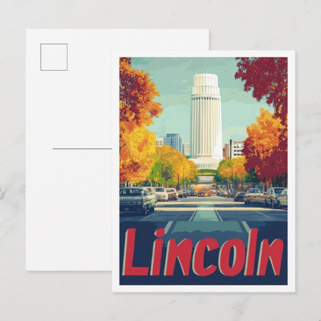 Lincoln Nebraska Art Vintage Travel Illustration Postcard (Front/Back)