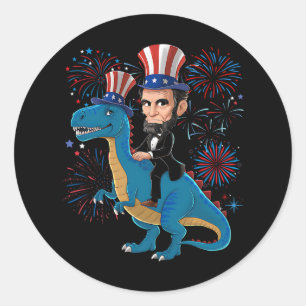 Lincoln Riding A Dinosaur Funny 4th Of July Firewo Classic Round Sticker