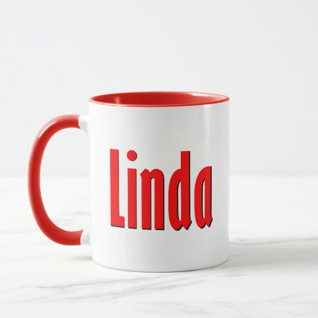 "Linda" Elegant Simple Red and Black Typography Mug (Left)
