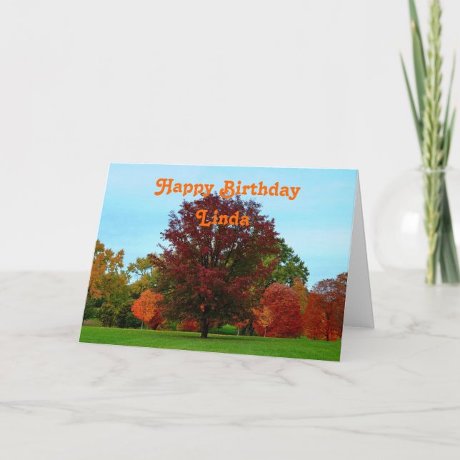 Linda Happy Birthday Red Oak Tree in Autumn Card (Front)