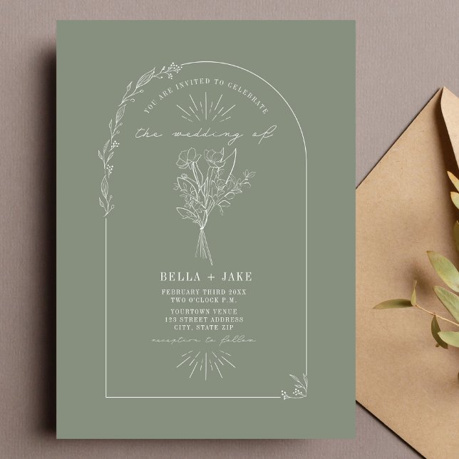 Line Art Arch Bouquet Sage Green Wedding Invitation (Creator Uploaded)