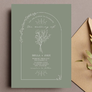 Line Art Arch Bouquet Sage Green Wedding Invitation