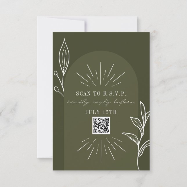 Line Art Arch Green Wedding QR Code RSVP Card (Front)