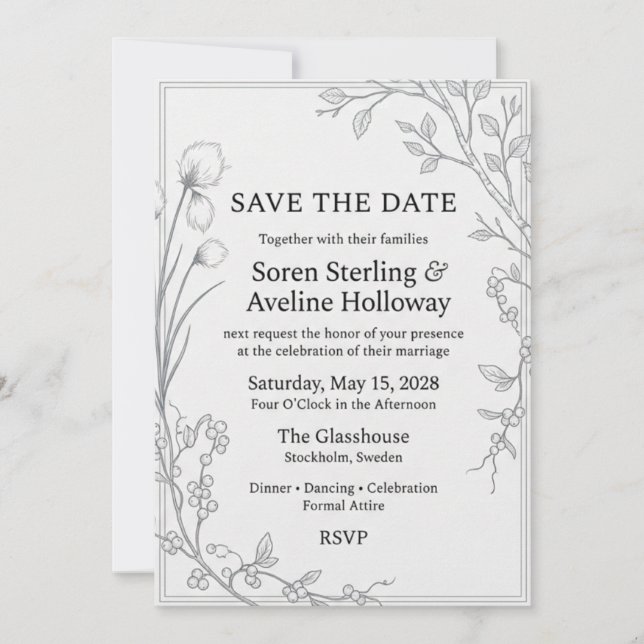 Line Art Birch Branches, Wild Berries, Cotton Gras Invitation (Front)