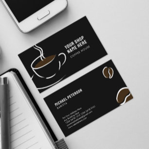 Line Art Coffee Cup and Beans on Black Business Card