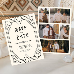 Line Art Deco Black Cream Wedding Save the Date