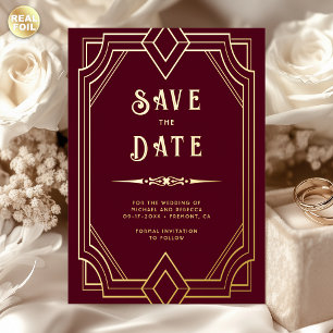 Line Art Deco Burgundy Gold Wedding Save the Date