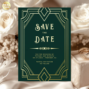 Line Art Deco Emerald Gold Wedding Save the Date
