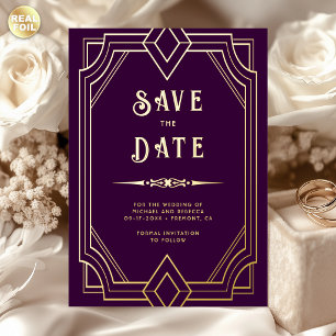 Line Art Deco Purple Gold Wedding Save the Date