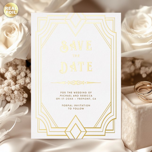 Line Art Deco White Gold Wedding Save the Date (Creator Uploaded)