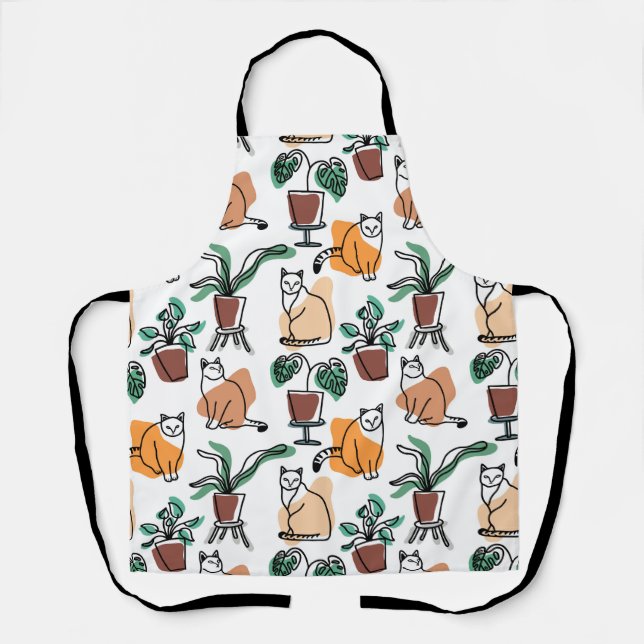 Line art drawing cats and flowers apron (Front)