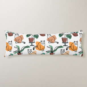 Line art drawing cats and flowers body cushion