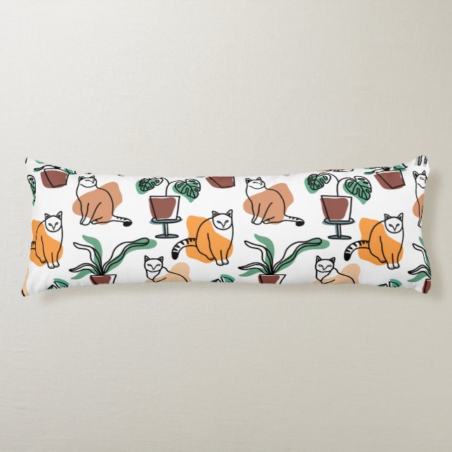Line art drawing cats and flowers body cushion (Front)