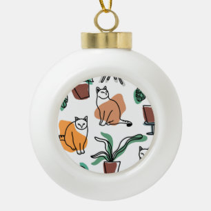 Line art drawing cats and flowers ceramic ball christmas ornament