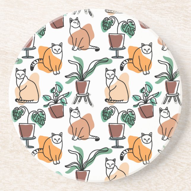 Line art drawing cats and flowers coaster (Front)