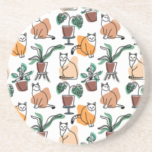 Line art drawing cats and flowers coaster