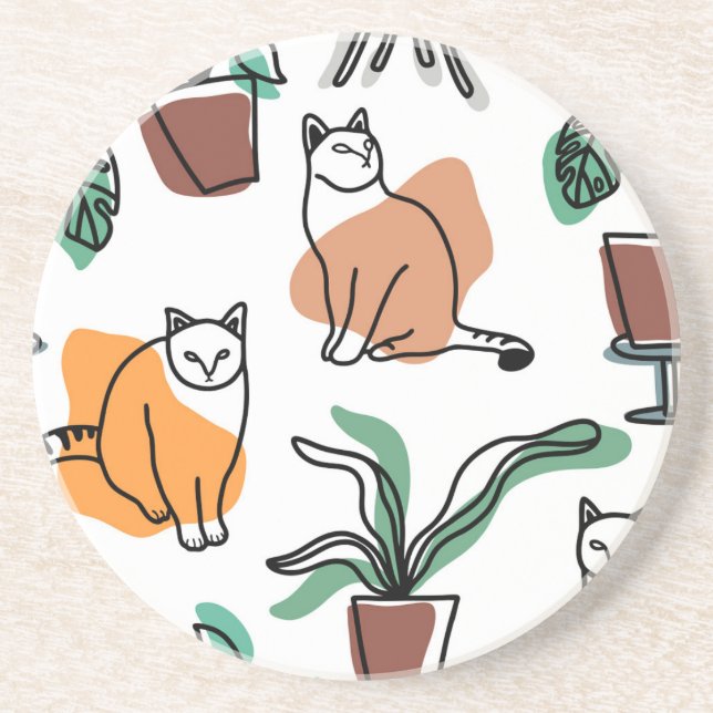 Line art drawing cats and flowers coaster (Front)