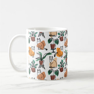 Line art drawing cats and flowers coffee mug