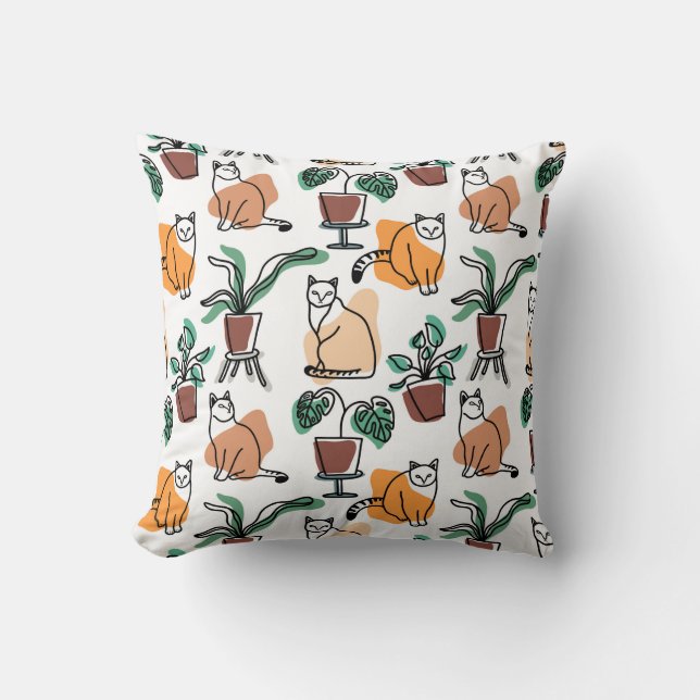 Line art drawing cats and flowers cushion (Front)