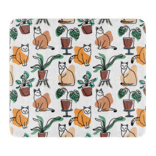Line art drawing cats and flowers cutting board