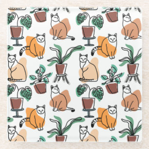 Line art drawing cats and flowers glass coaster
