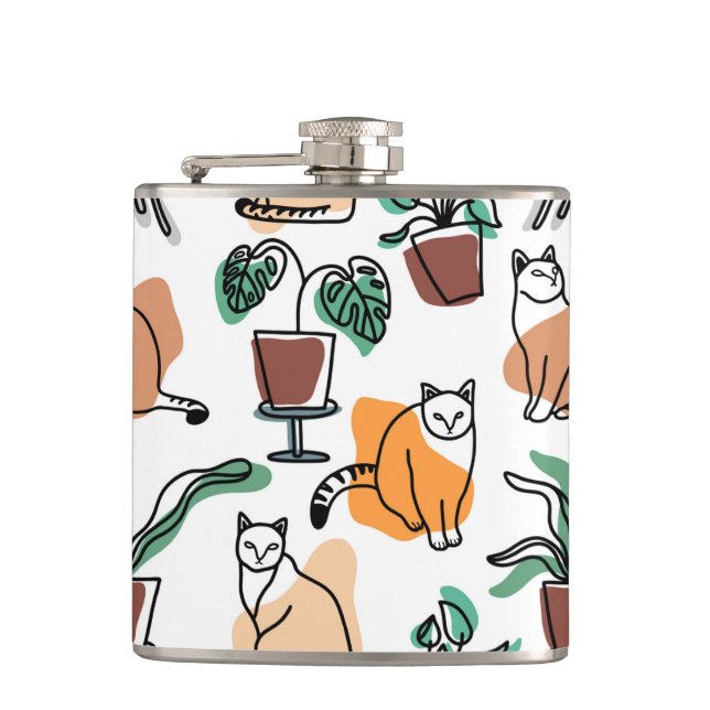 Line art drawing cats and flowers hip flask (Front)