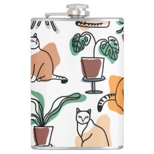 Line art drawing cats and flowers hip flask