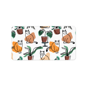 Line art drawing cats and flowers label