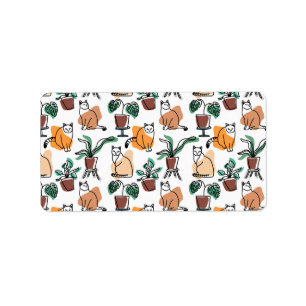 Line art drawing cats and flowers label