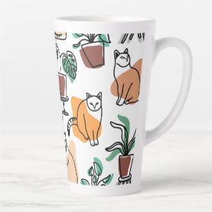 Line art drawing cats and flowers latte mug