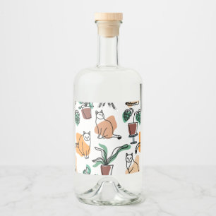 Line art drawing cats and flowers liquor bottle label