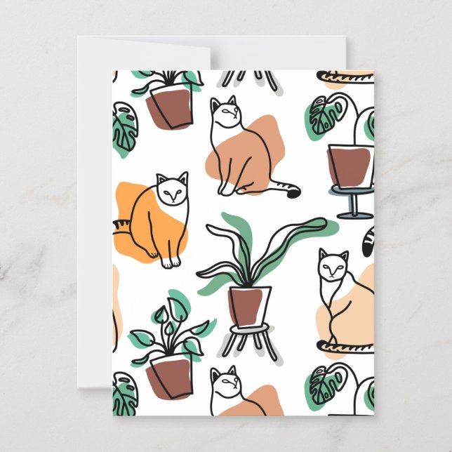 Line art drawing cats and flowers magnetic invitation (Front)