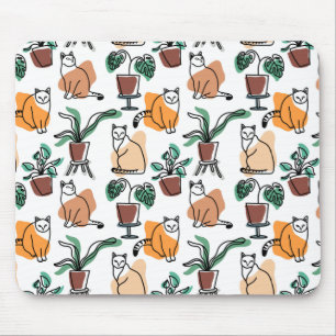 Line art drawing cats and flowers mouse pad