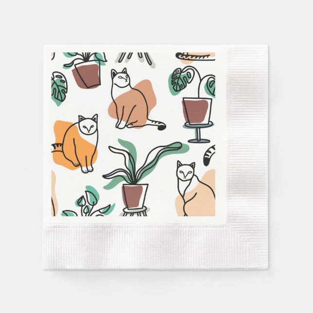 Line art drawing cats and flowers napkin (Front)