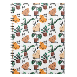Line art drawing cats and flowers notebook