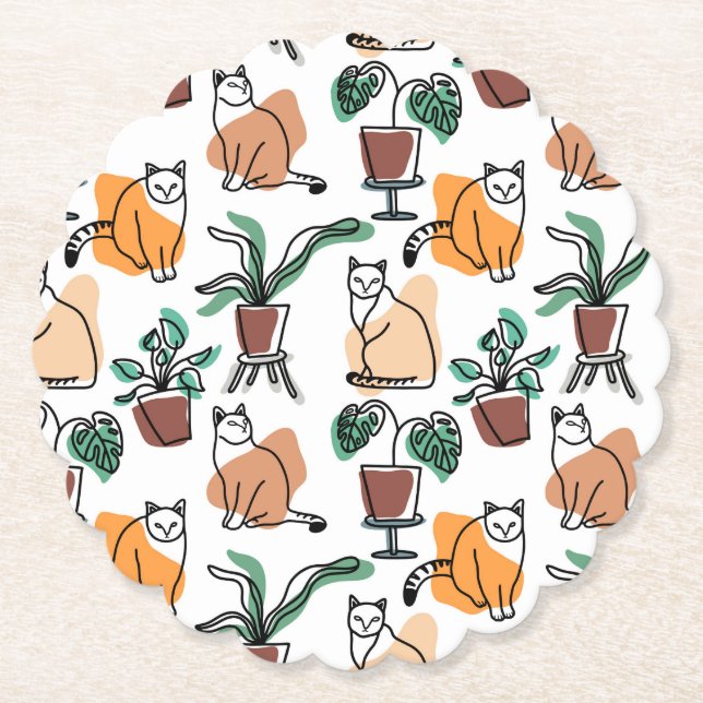 Line art drawing cats and flowers paper coaster (Front)