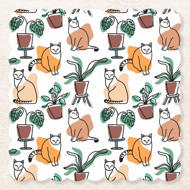 Line art drawing cats and flowers paper coaster (Front)