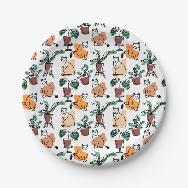 Line art drawing cats and flowers paper plate (Front)