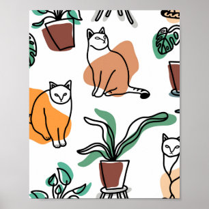 Line art drawing cats and flowers poster