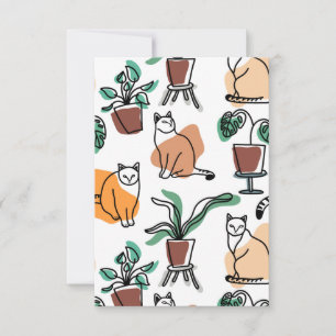 Line art drawing cats and flowers RSVP card